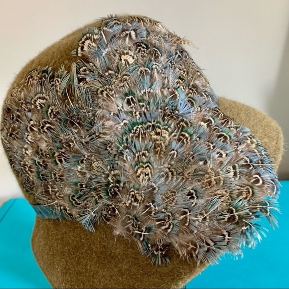 Gabriel Amar Frank Olive Brown Cloche Hat Feathers - Picture 3 of 7